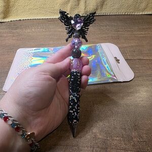 Black and Pink Beaded Pen with Heart Accent